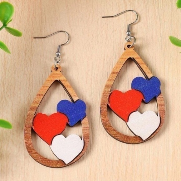 Jewelry - Patriotic Red White Blue Heart Earrings BRAND NEW